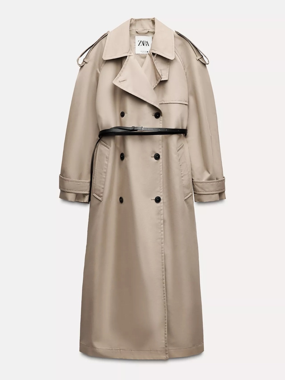 ZARA Taupe Double-Breasted Trench Coat with Black Belt